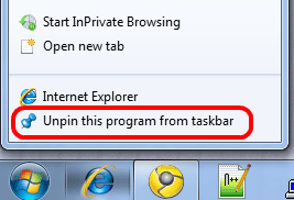 Menu, Unpin from Taskbar